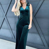 Velvet Bow Jumpsuit In Emerald - Infinity Raine