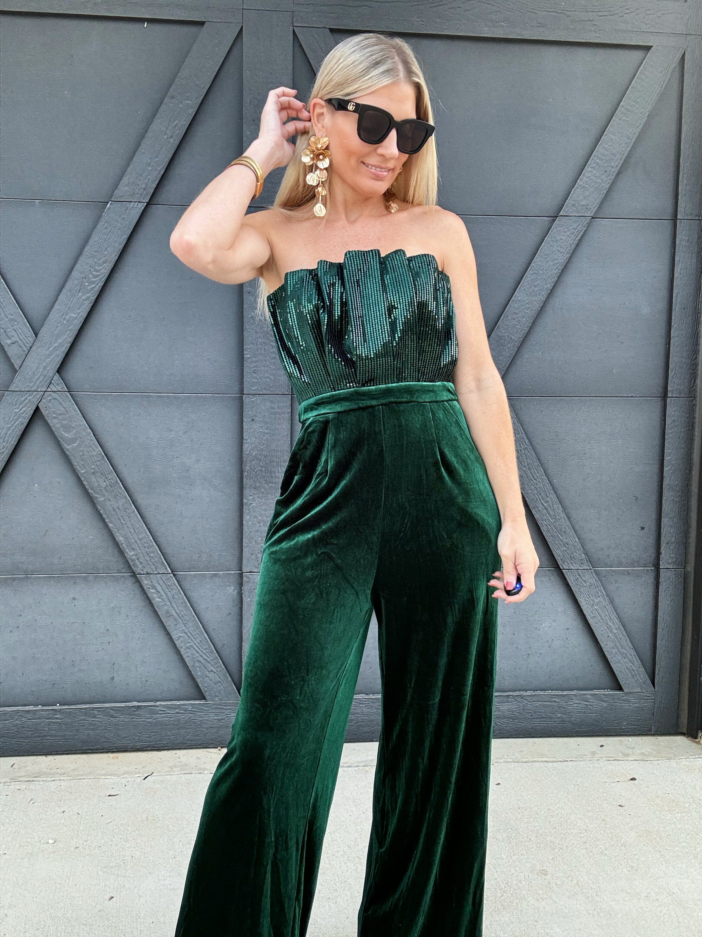 Velvet Sequin Strapless Jumpsuit In Emerald - Infinity Raine