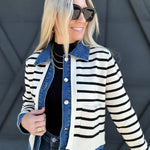 Striped Denim Long Sleeved Cardigan In Cream - Infinity Raine