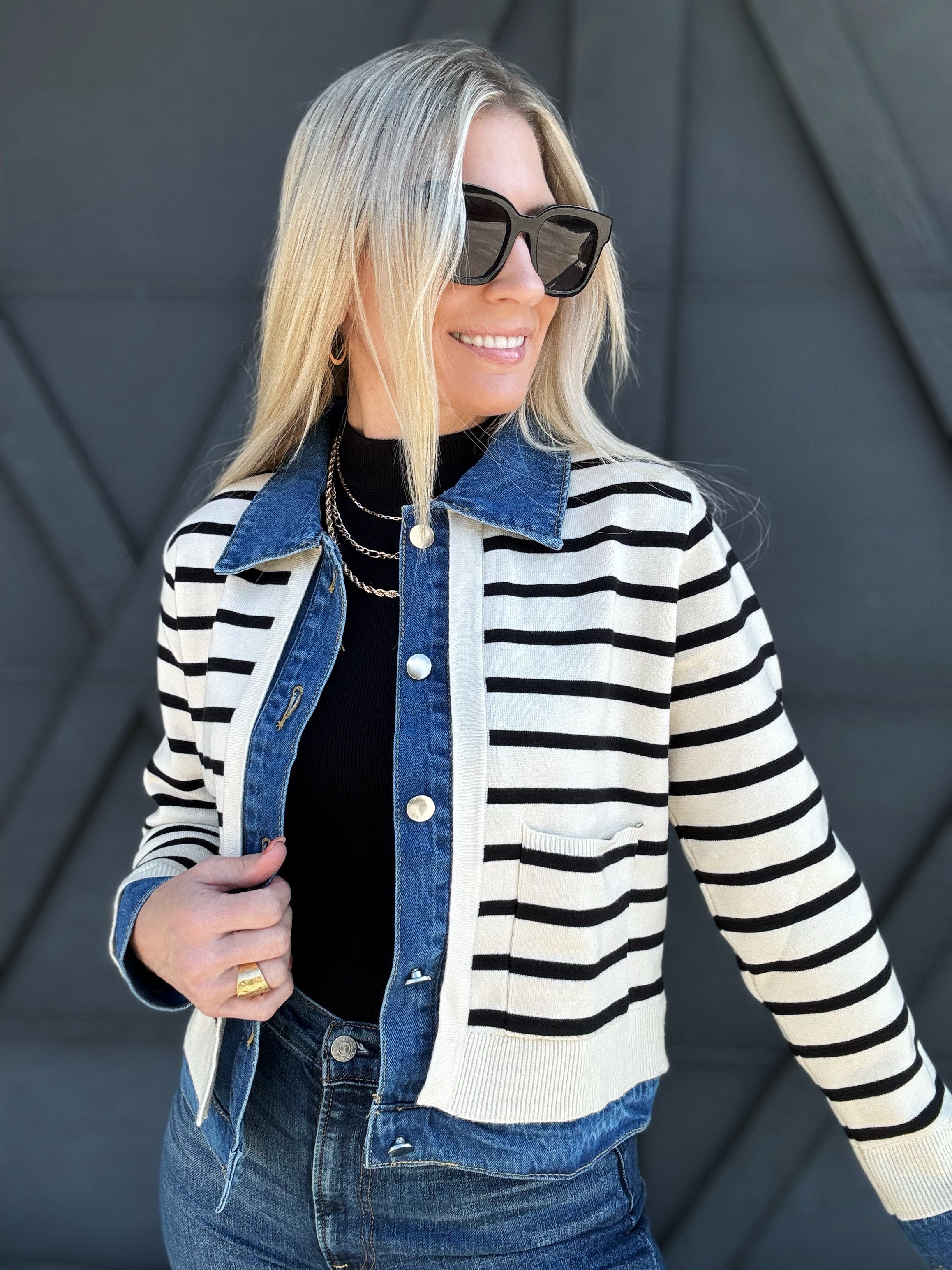 Striped Denim Long Sleeved Cardigan In Cream - Infinity Raine