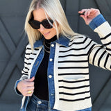 Striped Denim Long Sleeved Cardigan In Cream - Infinity Raine