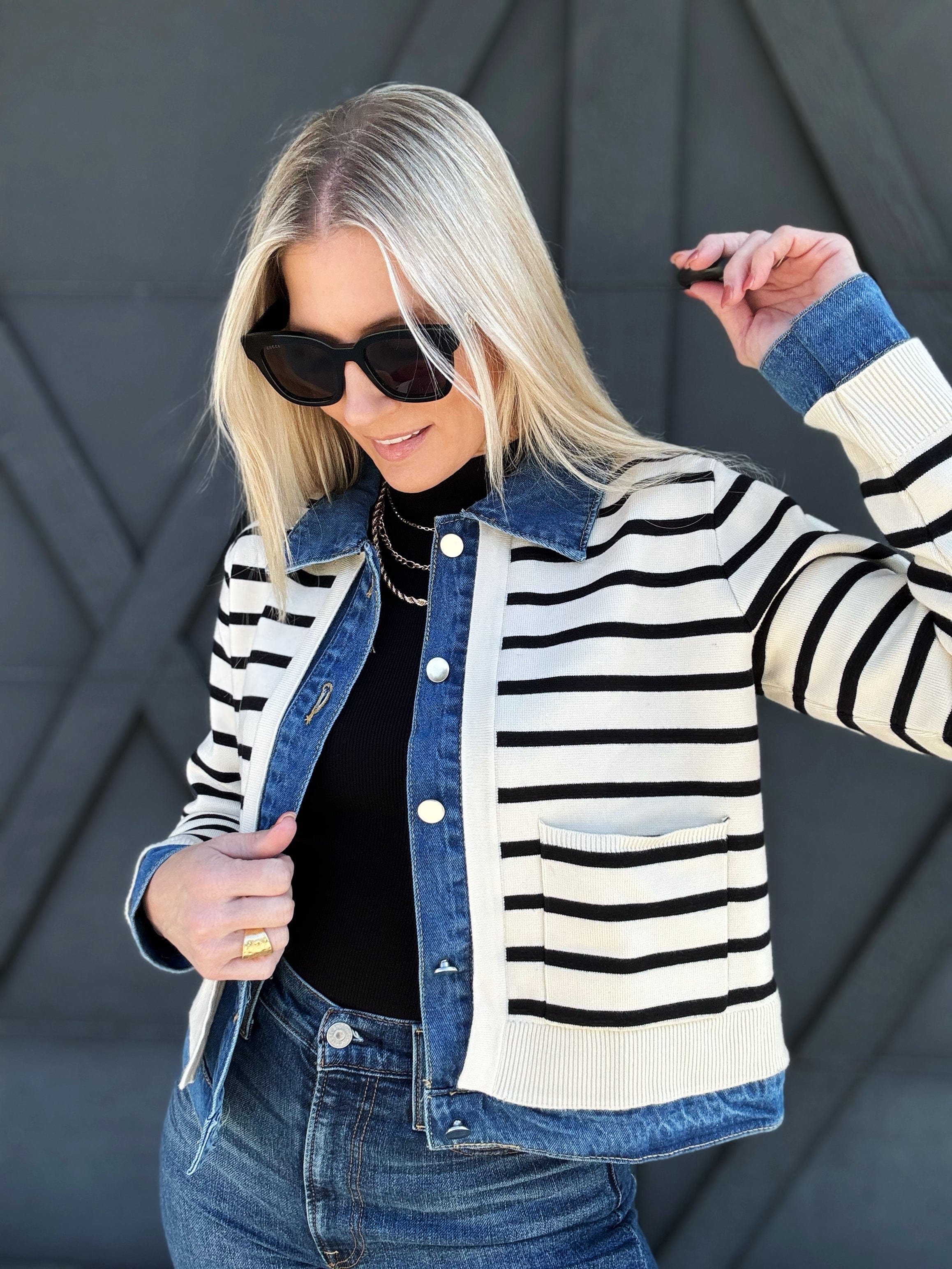 Striped Denim Long Sleeved Cardigan In Cream - Infinity Raine