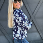 Floral Print Ruffle Neck Poplin Blouse In Navy - Infinity Raine