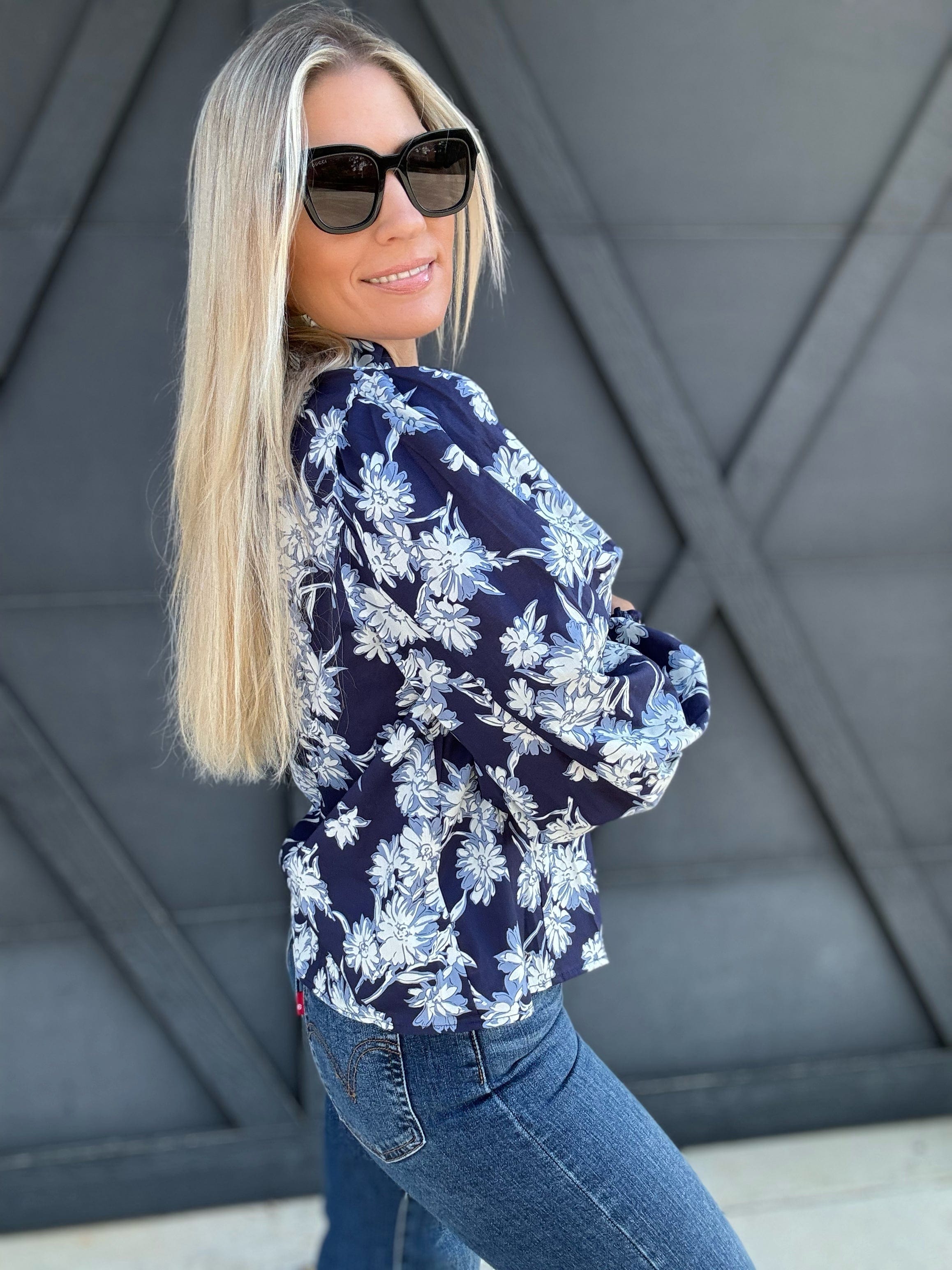 Floral Print Ruffle Neck Poplin Blouse In Navy - Infinity Raine