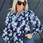 Floral Print Ruffle Neck Poplin Blouse In Navy - Infinity Raine