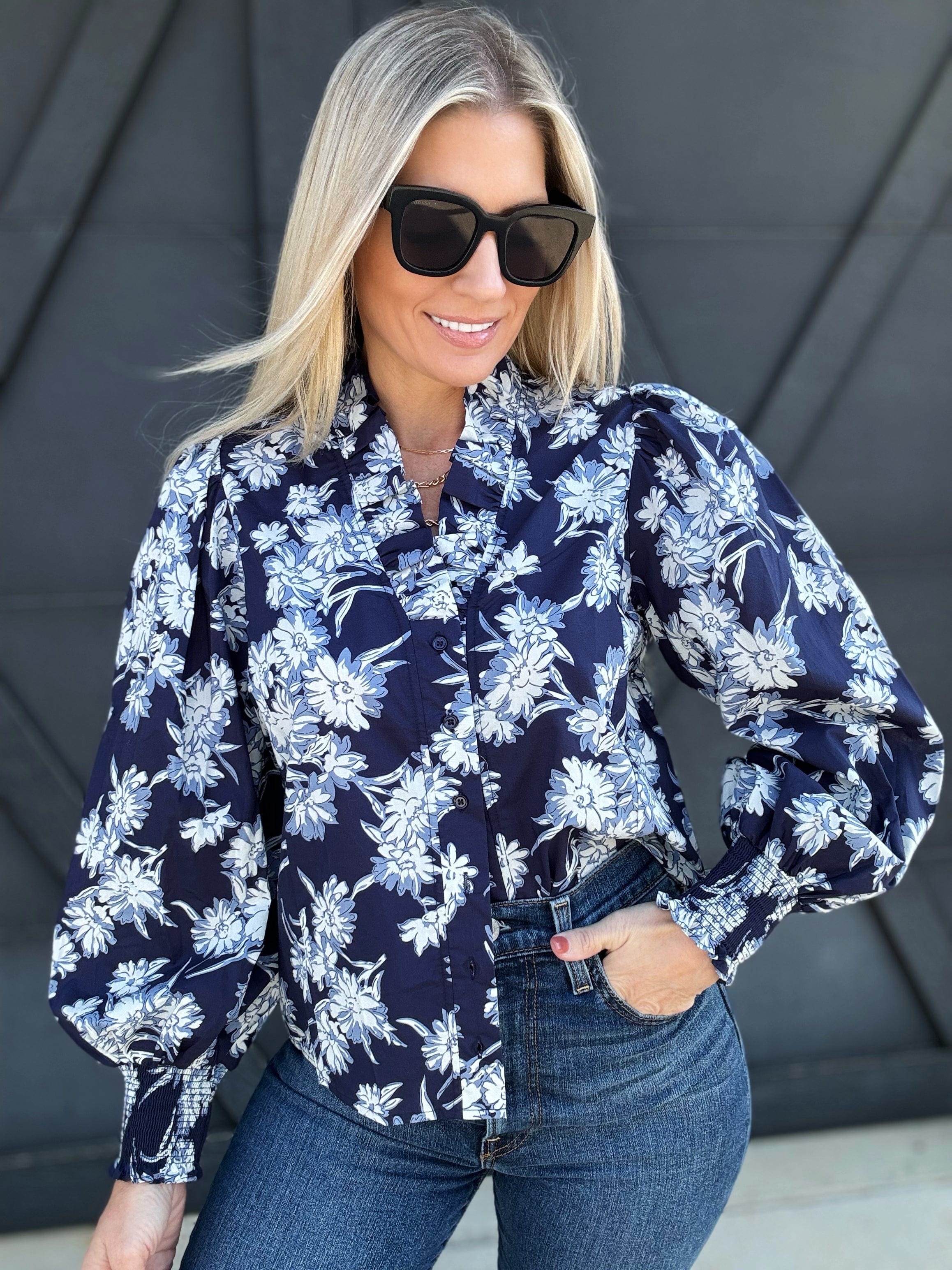 Floral Print Ruffle Neck Poplin Blouse In Navy - Infinity Raine