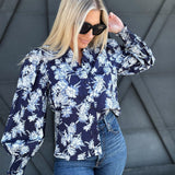 Floral Print Ruffle Neck Poplin Blouse In Navy - Infinity Raine