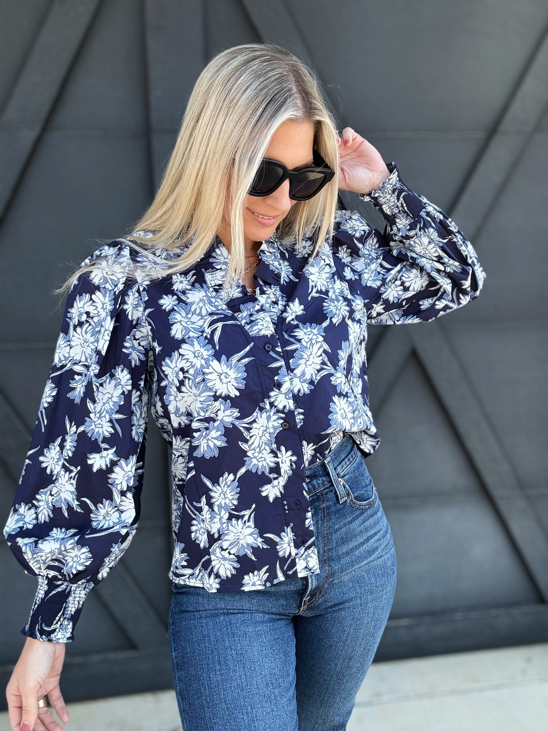 Floral Print Ruffle Neck Poplin Blouse In Navy - Infinity Raine