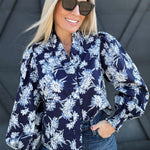 Floral Print Ruffle Neck Poplin Blouse In Navy - Infinity Raine