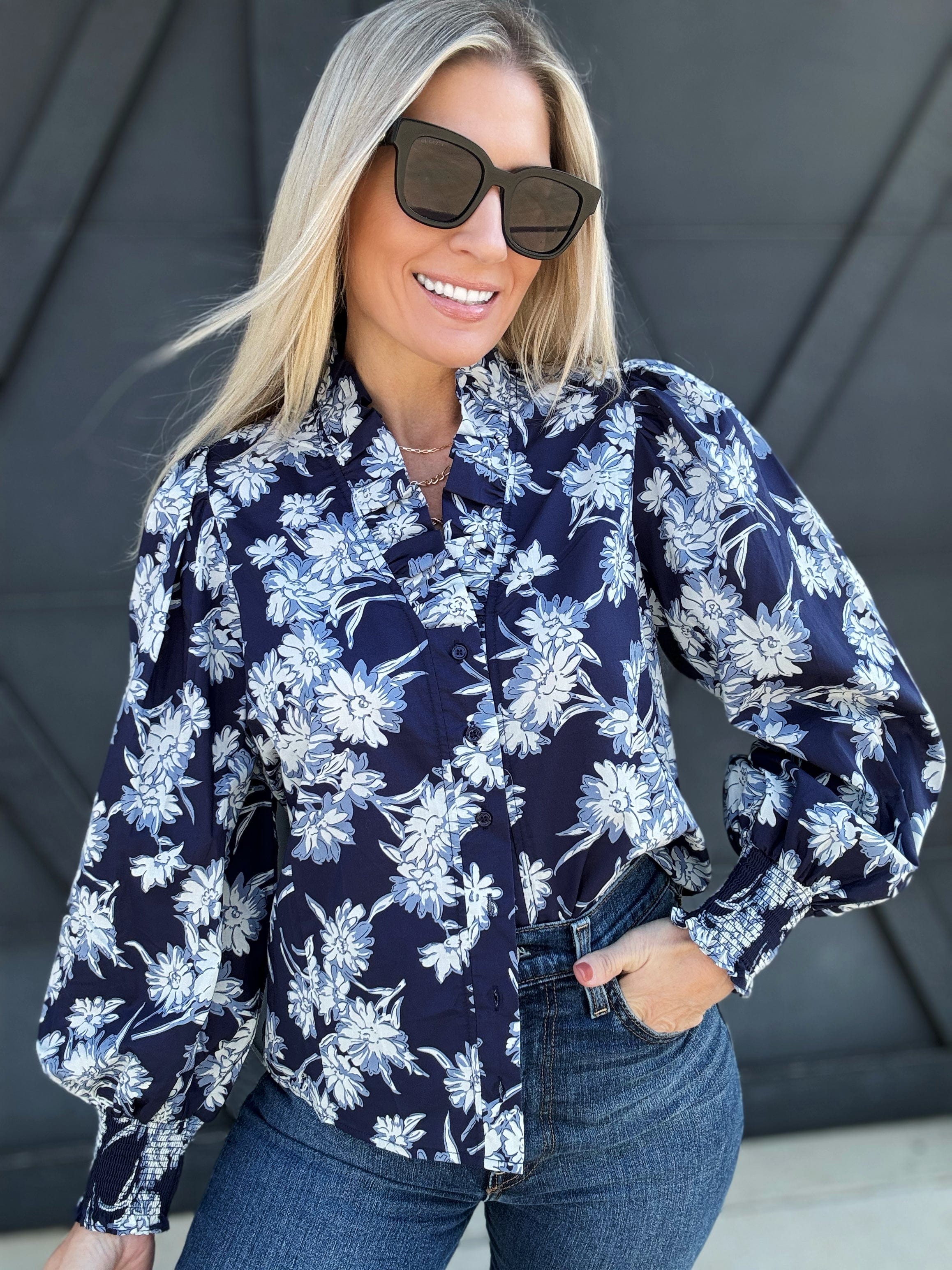 Floral Print Ruffle Neck Poplin Blouse In Navy - Infinity Raine