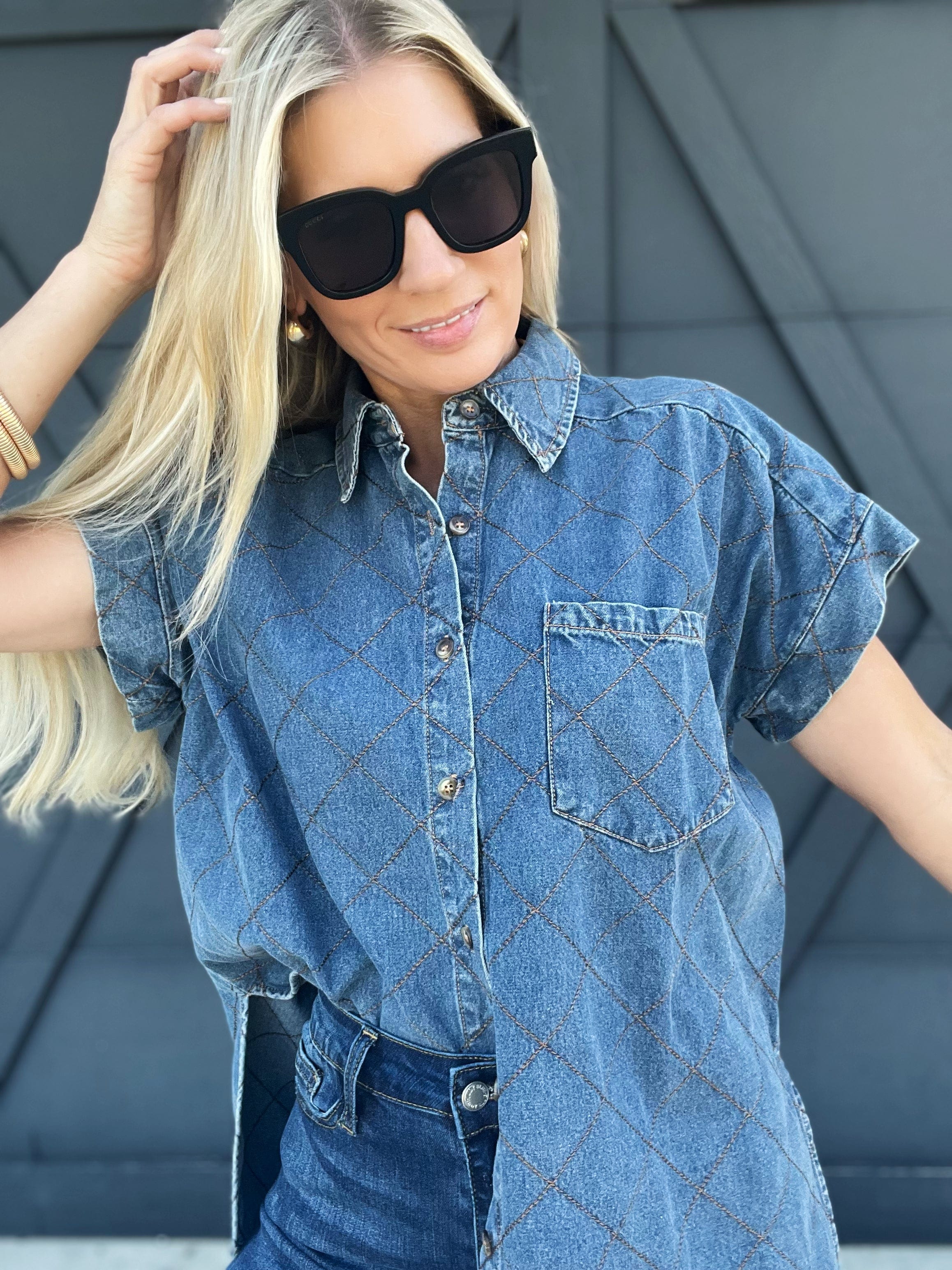 Stitched Denim Button Down Top - Infinity Raine