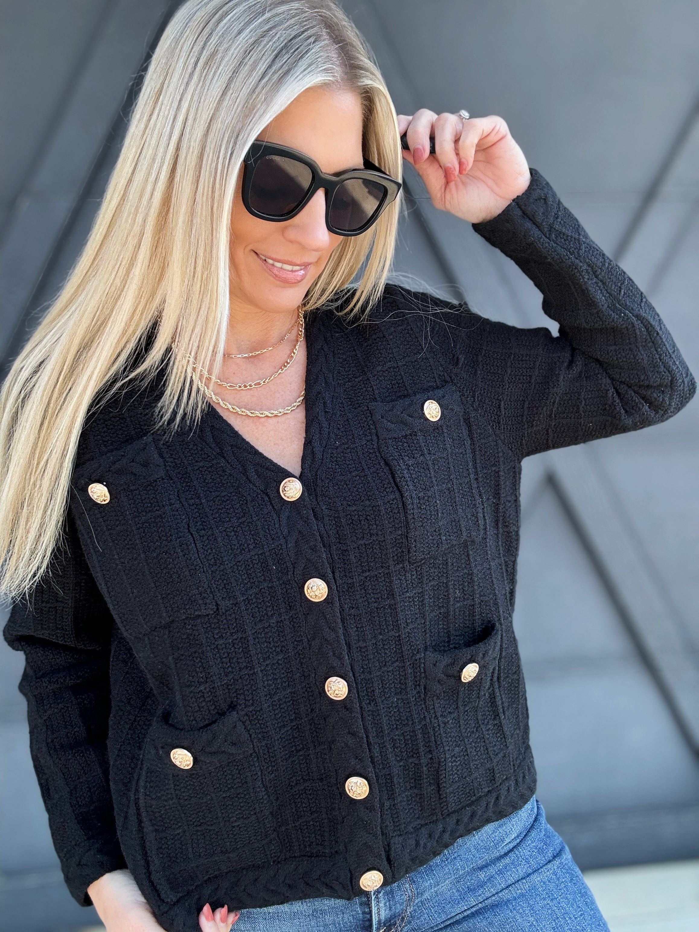 Textured Button-Up Knit Cardigan In Black - Infinity Raine