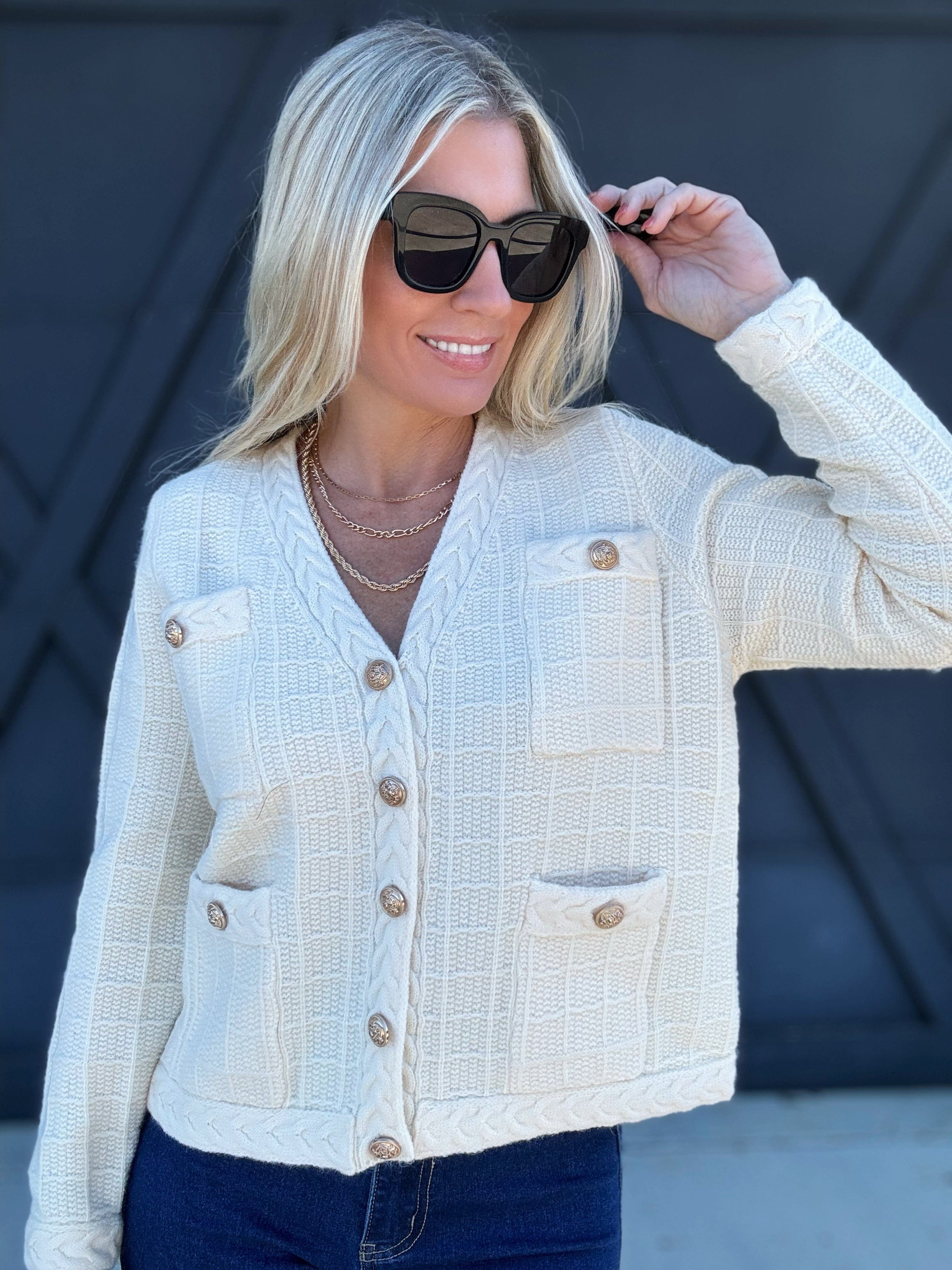 Textured Button-Up Knit Cardigan In Ecru - Infinity Raine