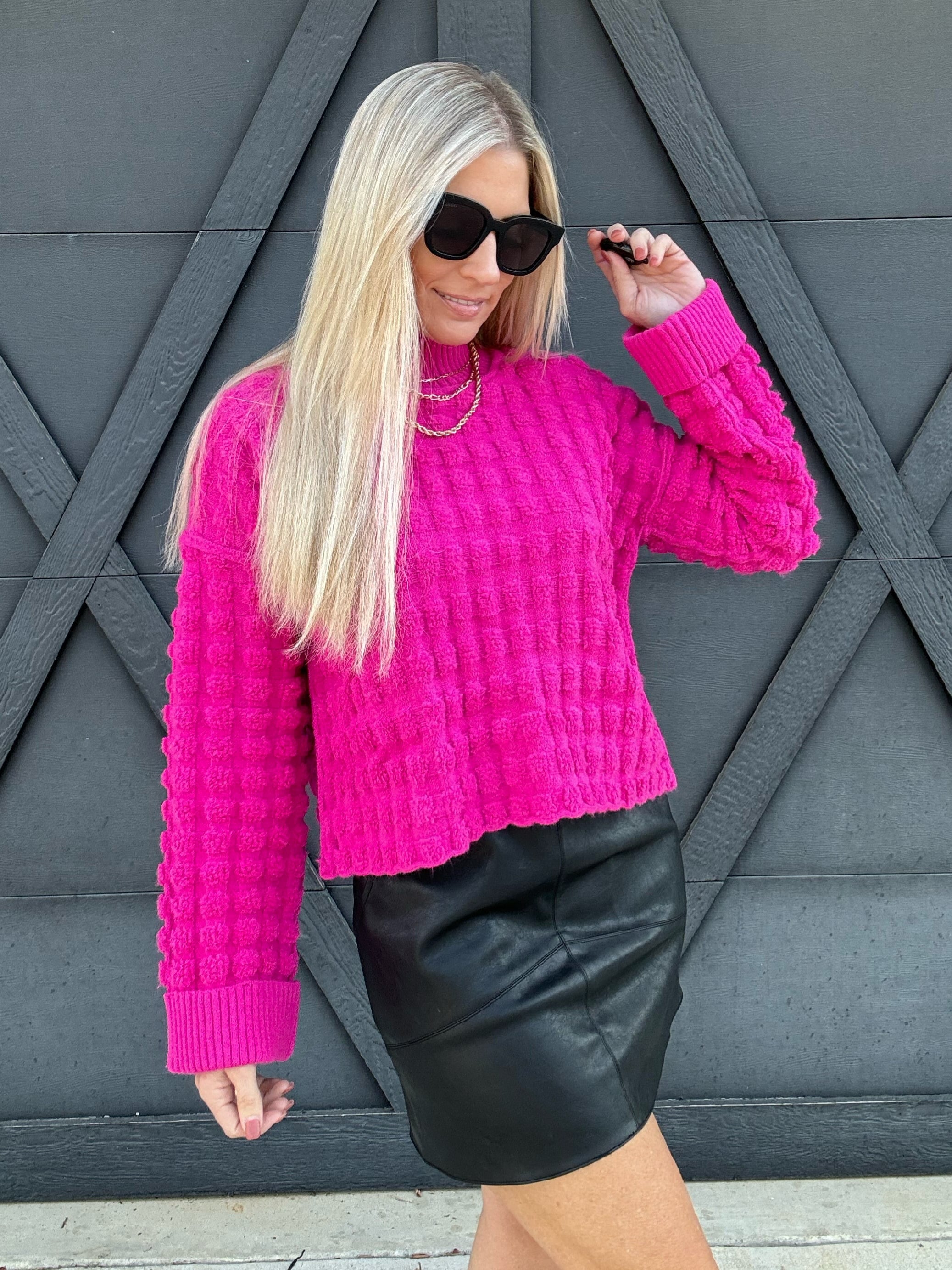 Textured Turtleneck Knit Sweater In Fuchsia - Infinity Raine