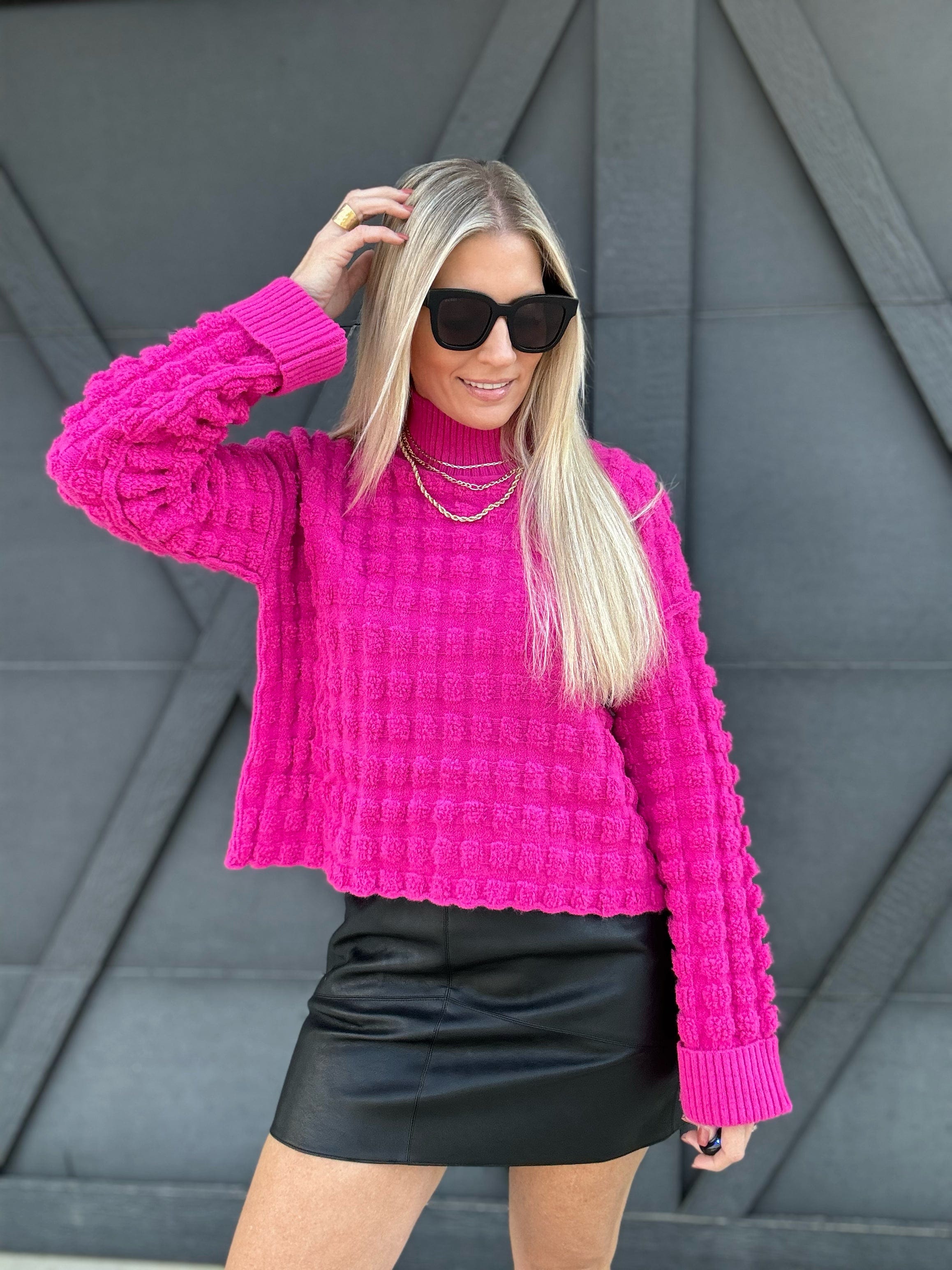 Textured Turtleneck Knit Sweater In Fuchsia - Infinity Raine