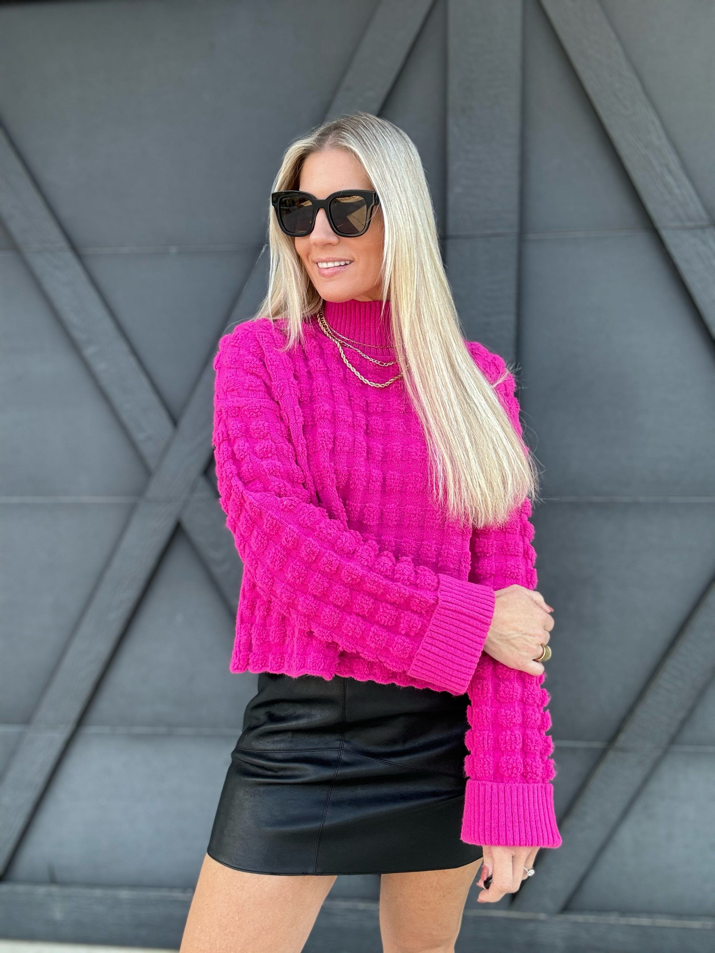 Textured Turtleneck Knit Sweater In Fuchsia - Infinity Raine