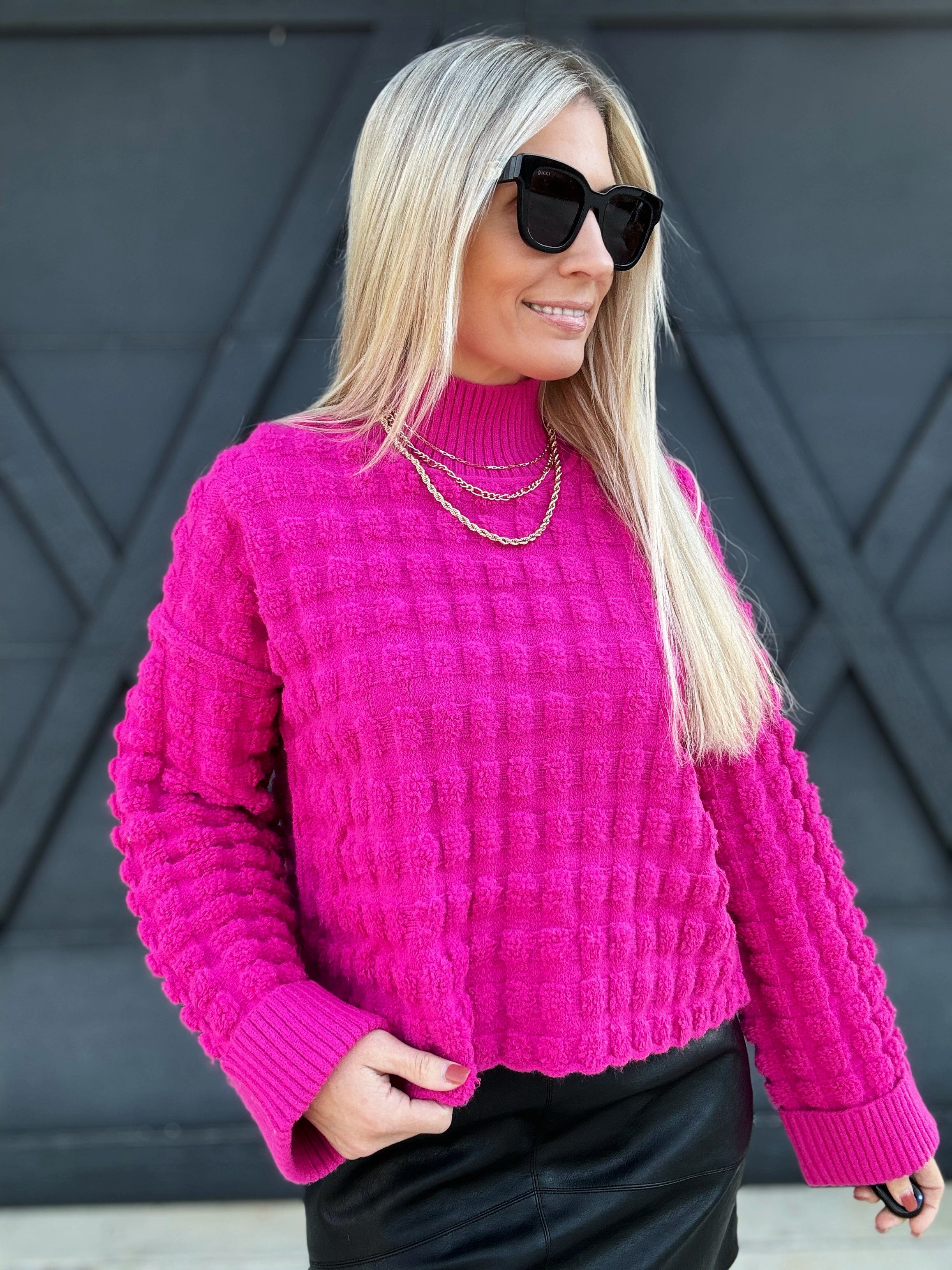 Textured Turtleneck Knit Sweater In Fuchsia - Infinity Raine