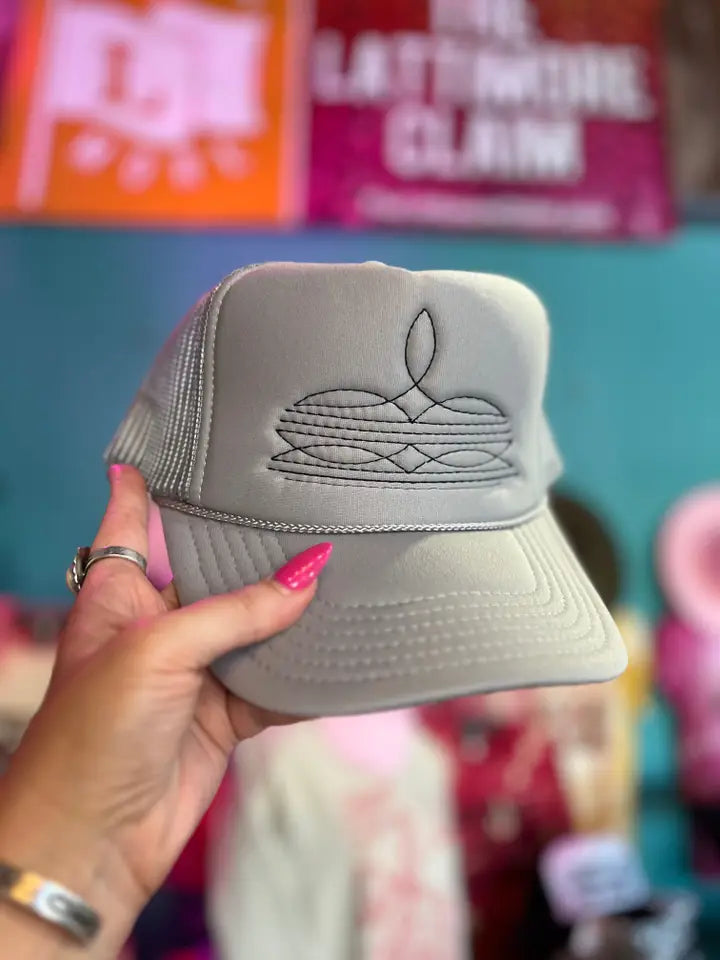 Boot Stitch Trucker Hat In Grey - Infinity Raine