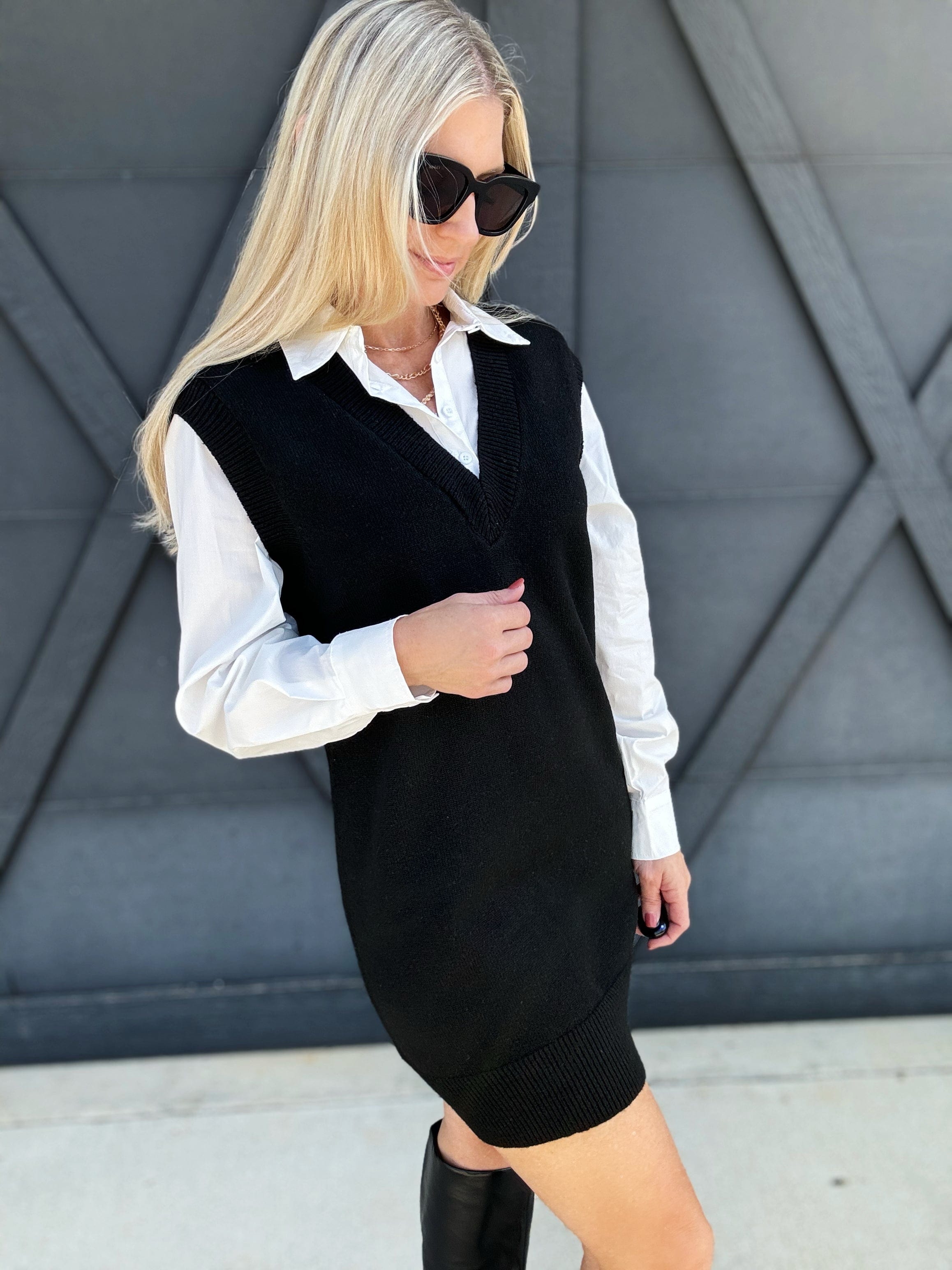 Mini Sweater Dress With Layered Shirt In Black - Infinity Raine