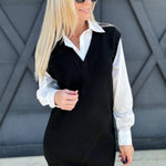 Mini Sweater Dress With Layered Shirt In Black - Infinity Raine