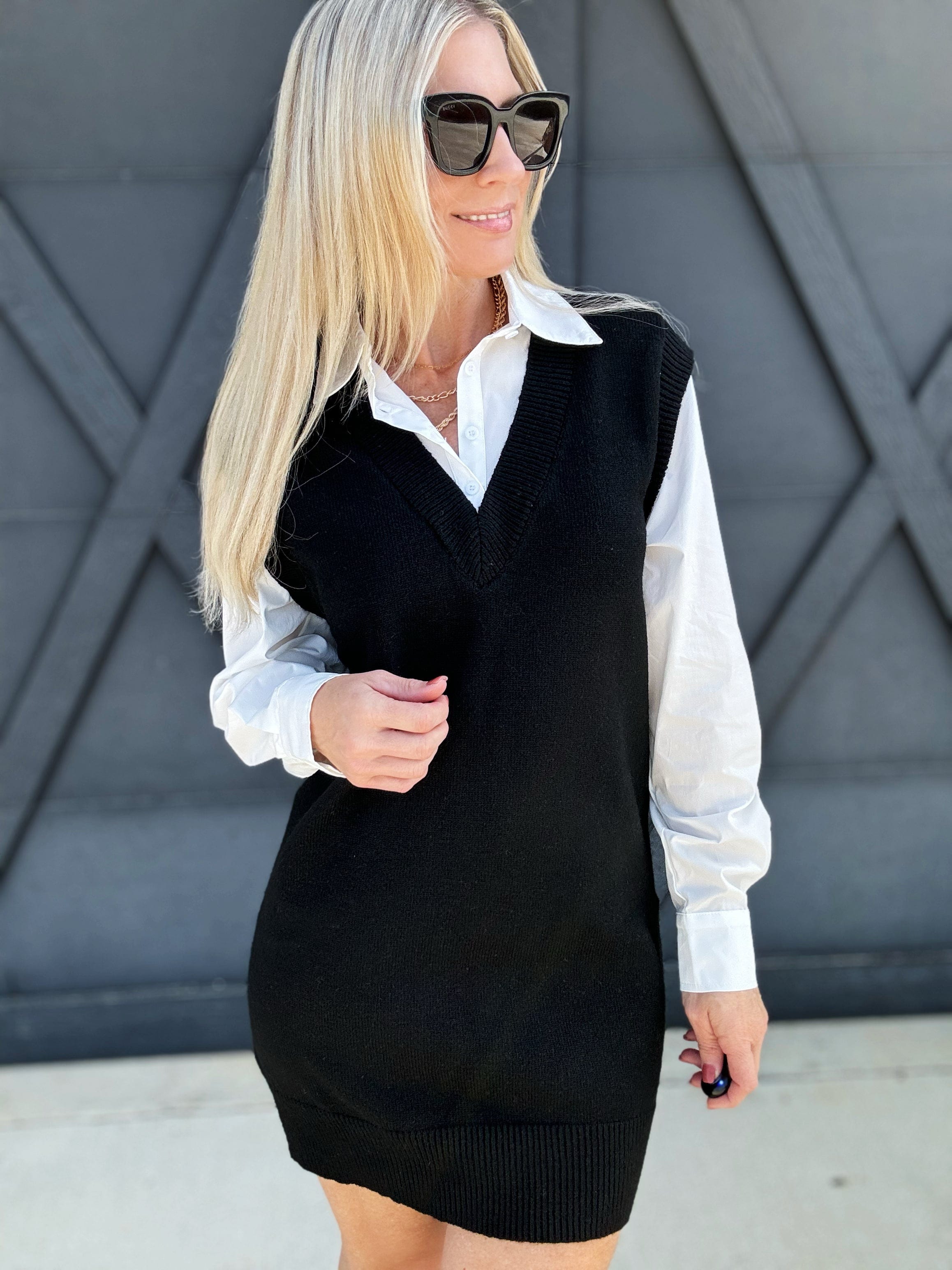 Mini Sweater Dress With Layered Shirt In Black - Infinity Raine