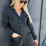 Button Up Waffle Knit Romper In Washed Black - Infinity Raine