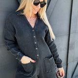 Button Up Waffle Knit Romper In Washed Black - Infinity Raine