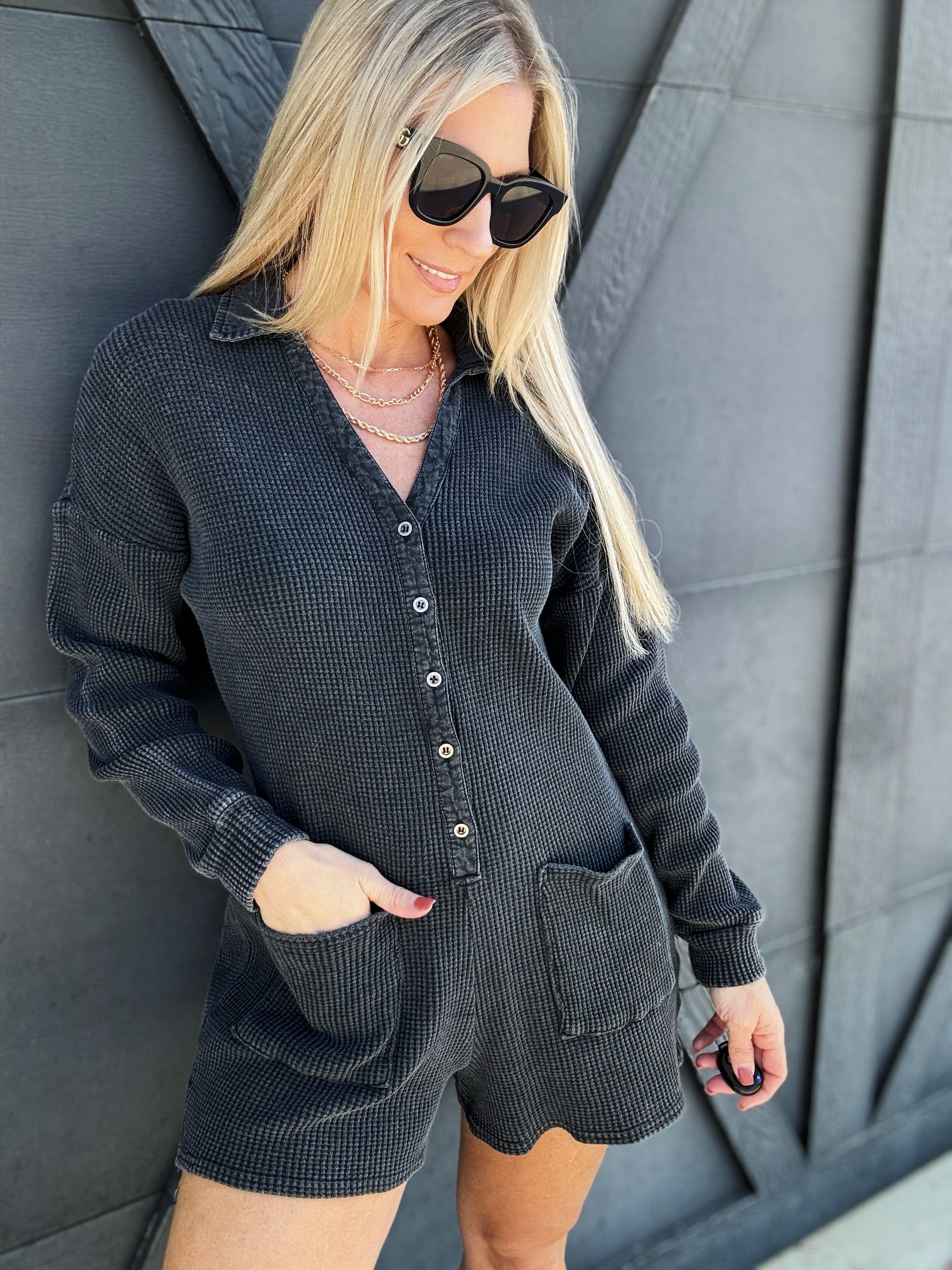 Button Up Waffle Knit Romper In Washed Black - Infinity Raine