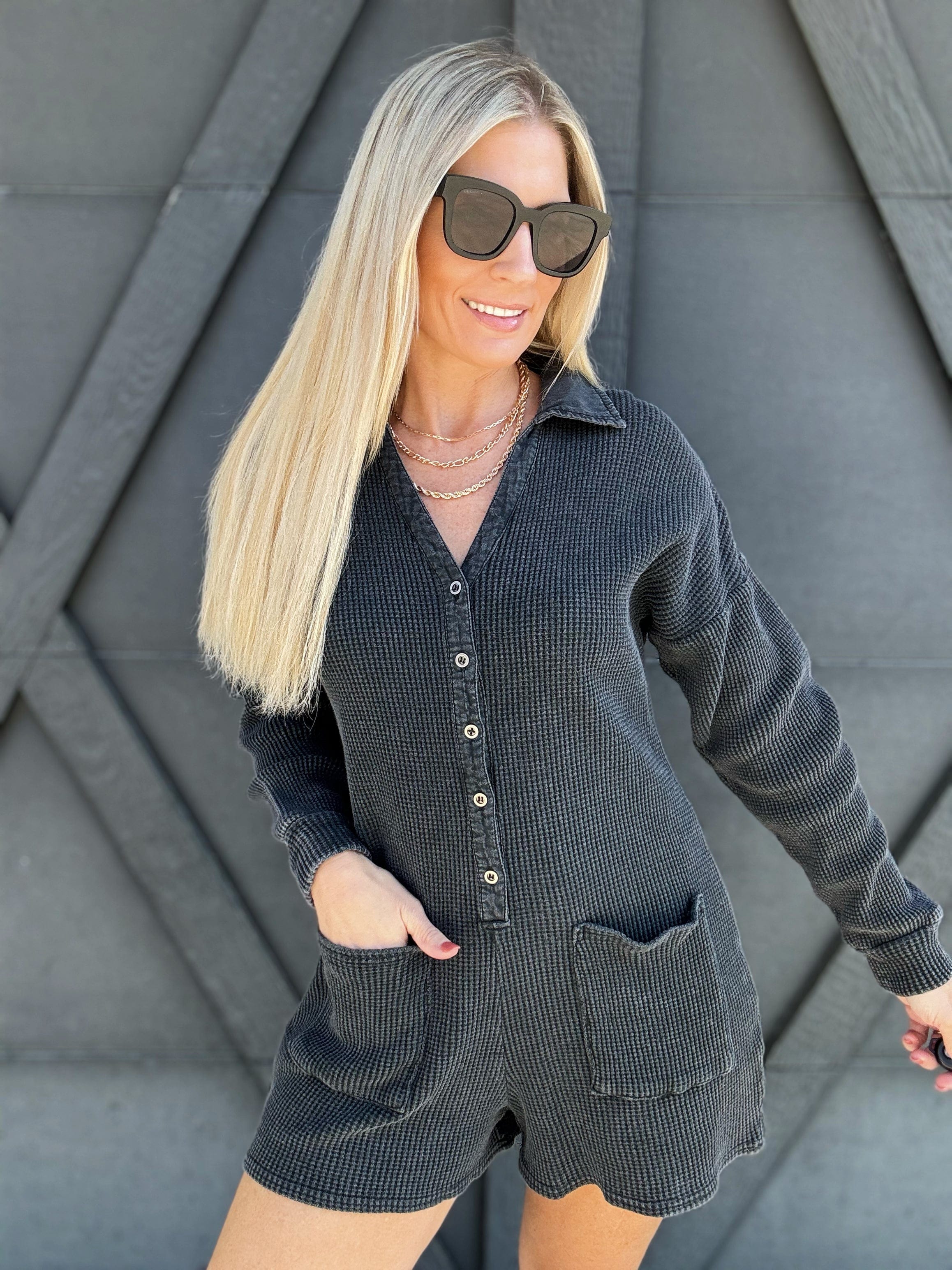 Button Up Waffle Knit Romper In Washed Black - Infinity Raine