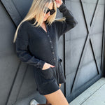 Button Up Waffle Knit Romper In Washed Black - Infinity Raine