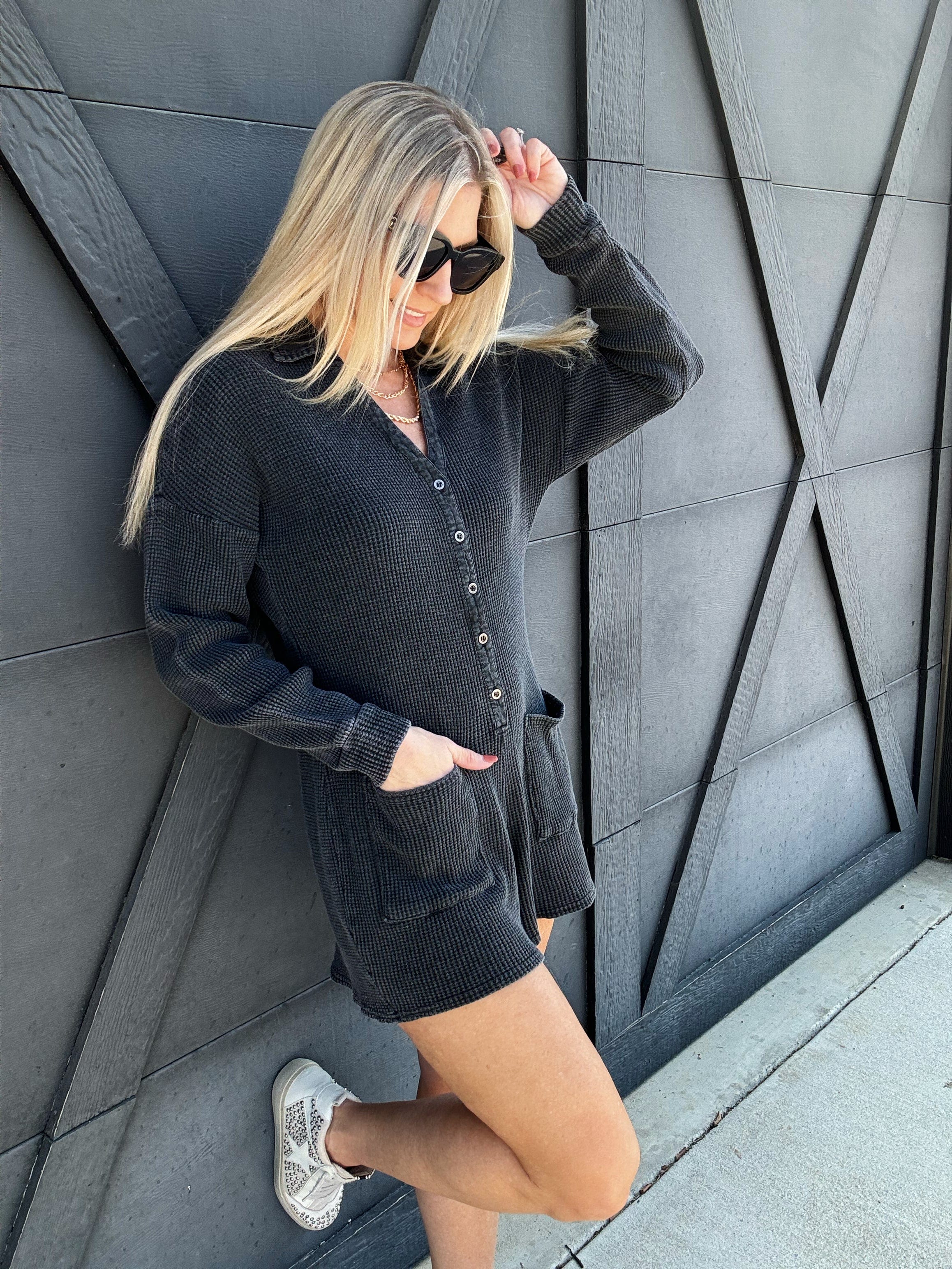 Button Up Waffle Knit Romper In Washed Black - Infinity Raine