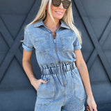 Utility Zip Up Romper In Denim - Infinity Raine