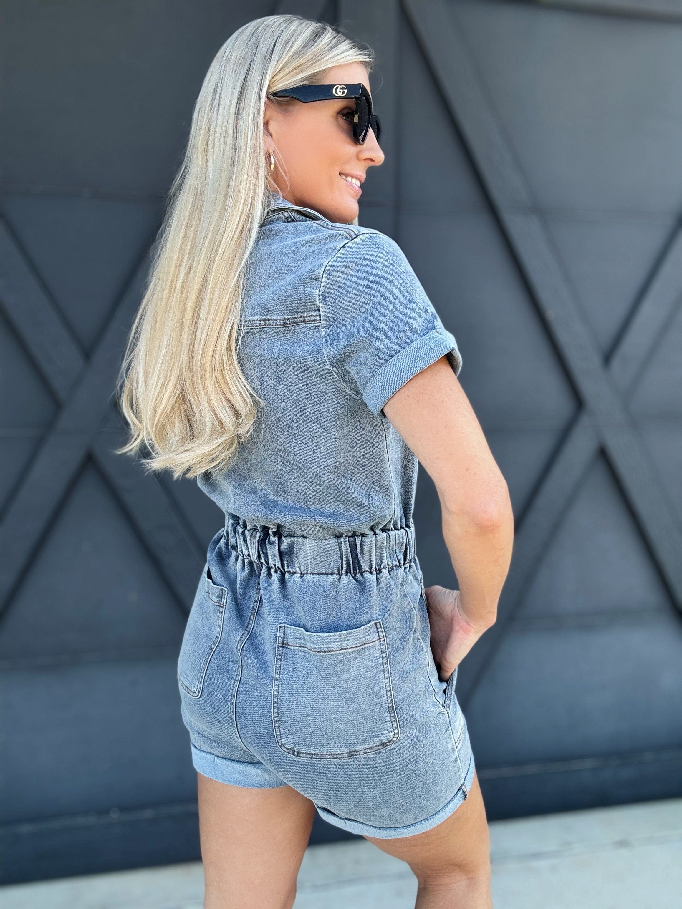 Utility Zip Up Romper In Denim - Infinity Raine