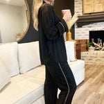 Striped Long Sleeve Button Front Pajama Set-Black - Infinity Raine