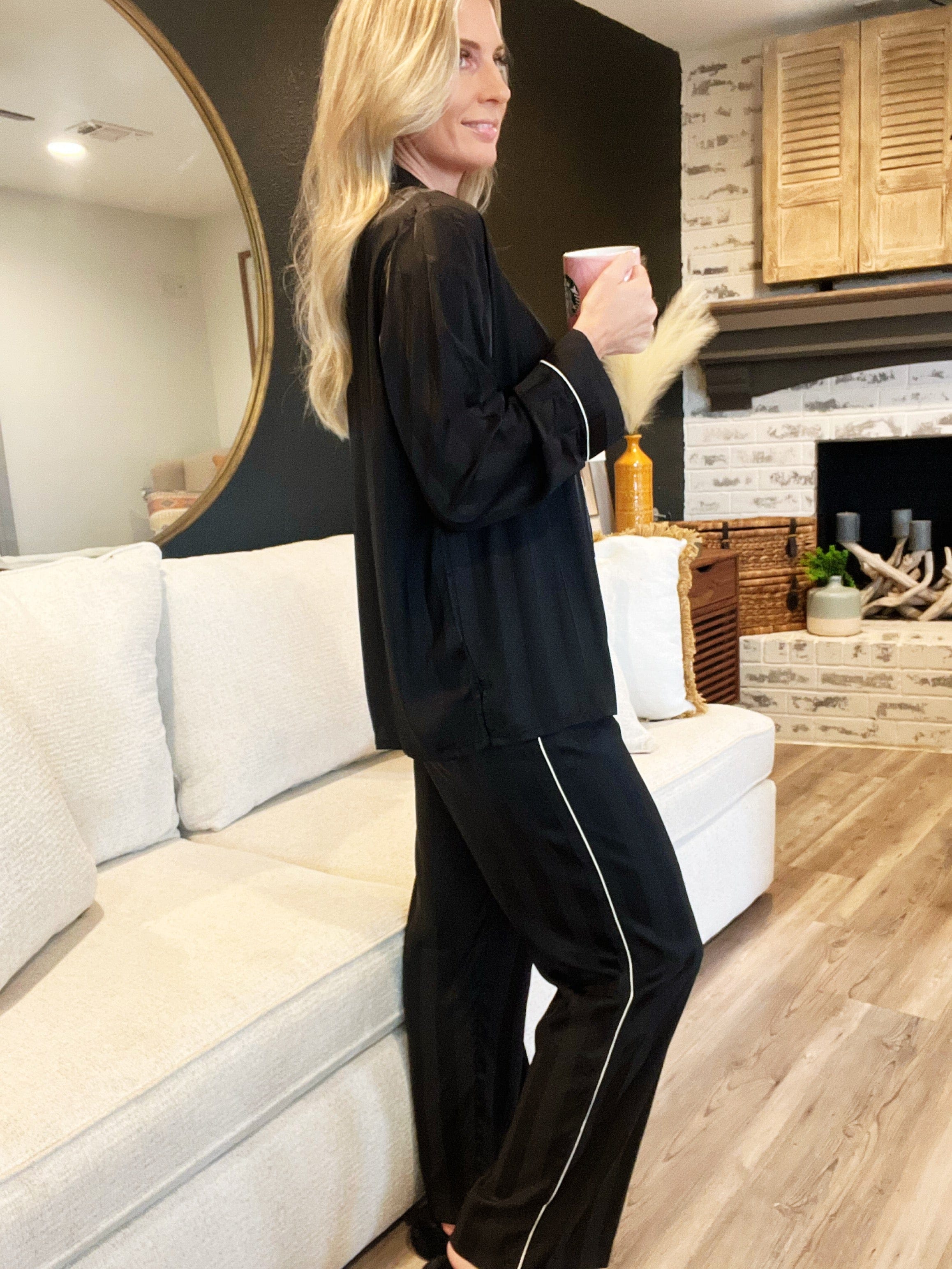 Striped Long Sleeve Button Front Pajama Set-Black - Infinity Raine