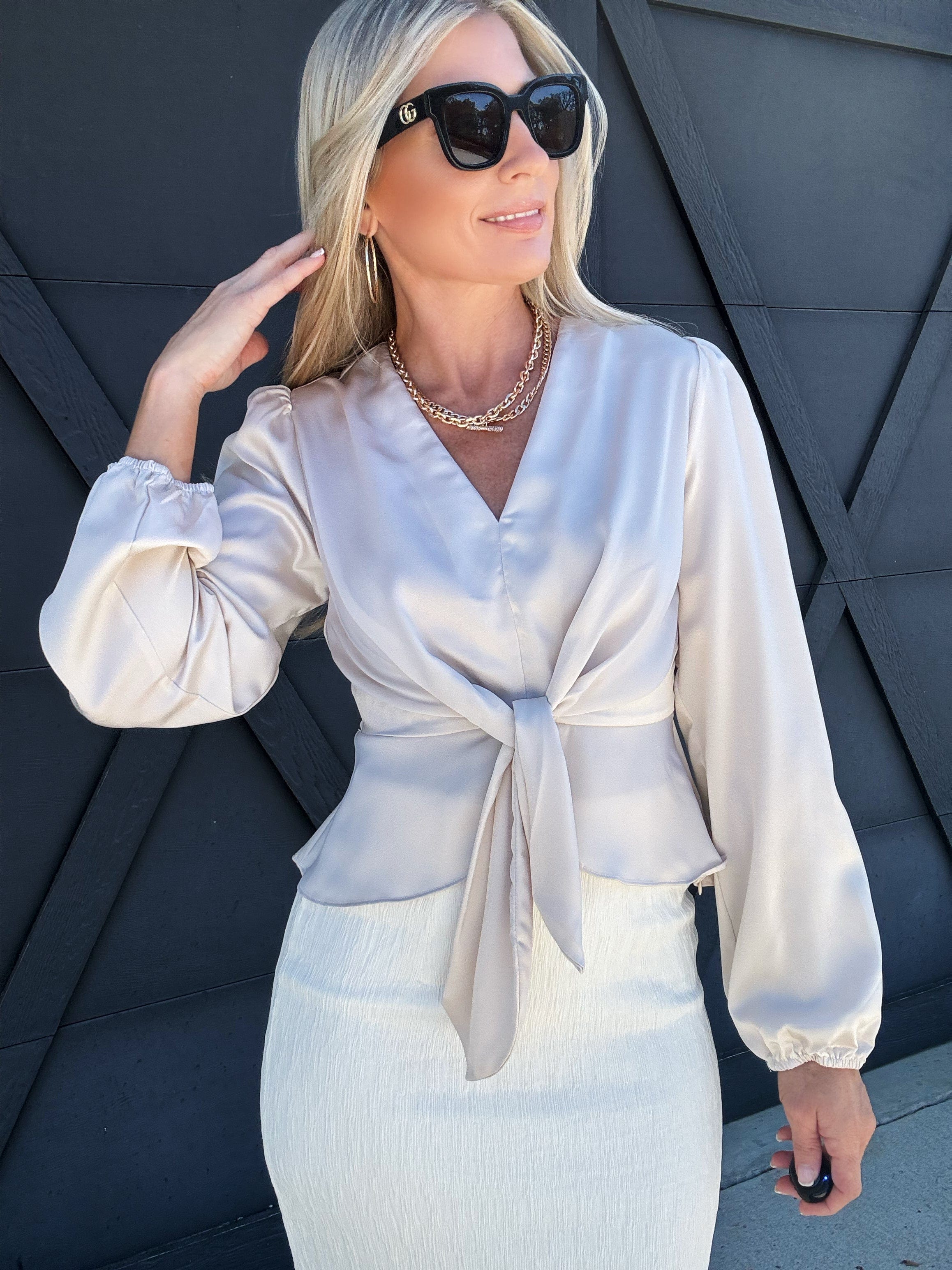 Front Tie V-Neck Blouse In Beige - Infinity Raine