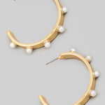 Pearl Studded Brushed Metallic Hoop Earrings In Gold - Infinity Raine