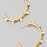 Pearl Studded Brushed Metallic Hoop Earrings In Gold - Infinity Raine