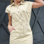 Washed Cotton Button-down Dress-Beige - Infinity Raine