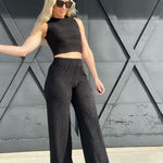 Crinkle Cropped Lounge Set-Black - Infinity Raine