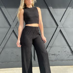 Crinkle Cropped Lounge Set-Black - Infinity Raine