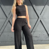 Crinkle Cropped Lounge Set-Black - Infinity Raine