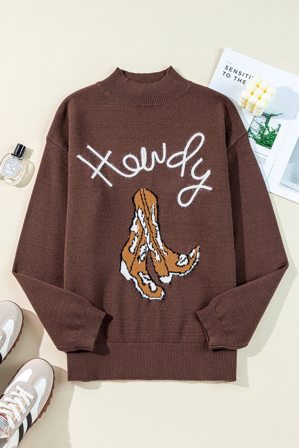 Howdy Cowboy Boot Sweater In Coffee - Infinity Raine