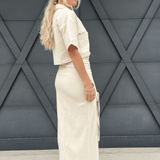 Textured Ruched Slit Linen Skirt In Natural - Infinity Raine