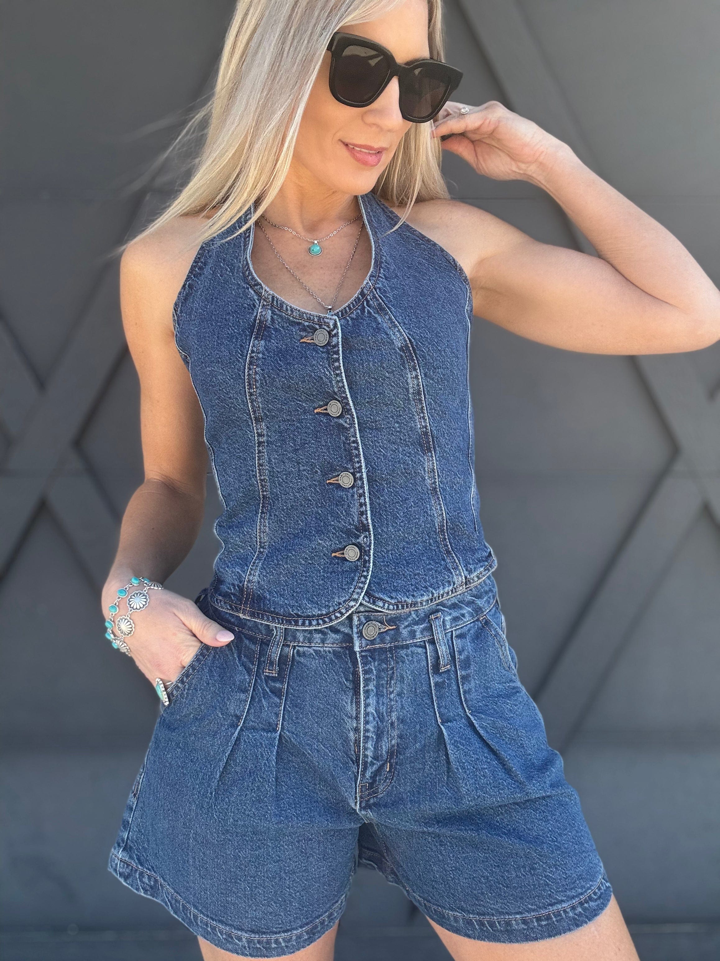 Habitual Denim Halter Vest In Lagoon - Infinity Raine