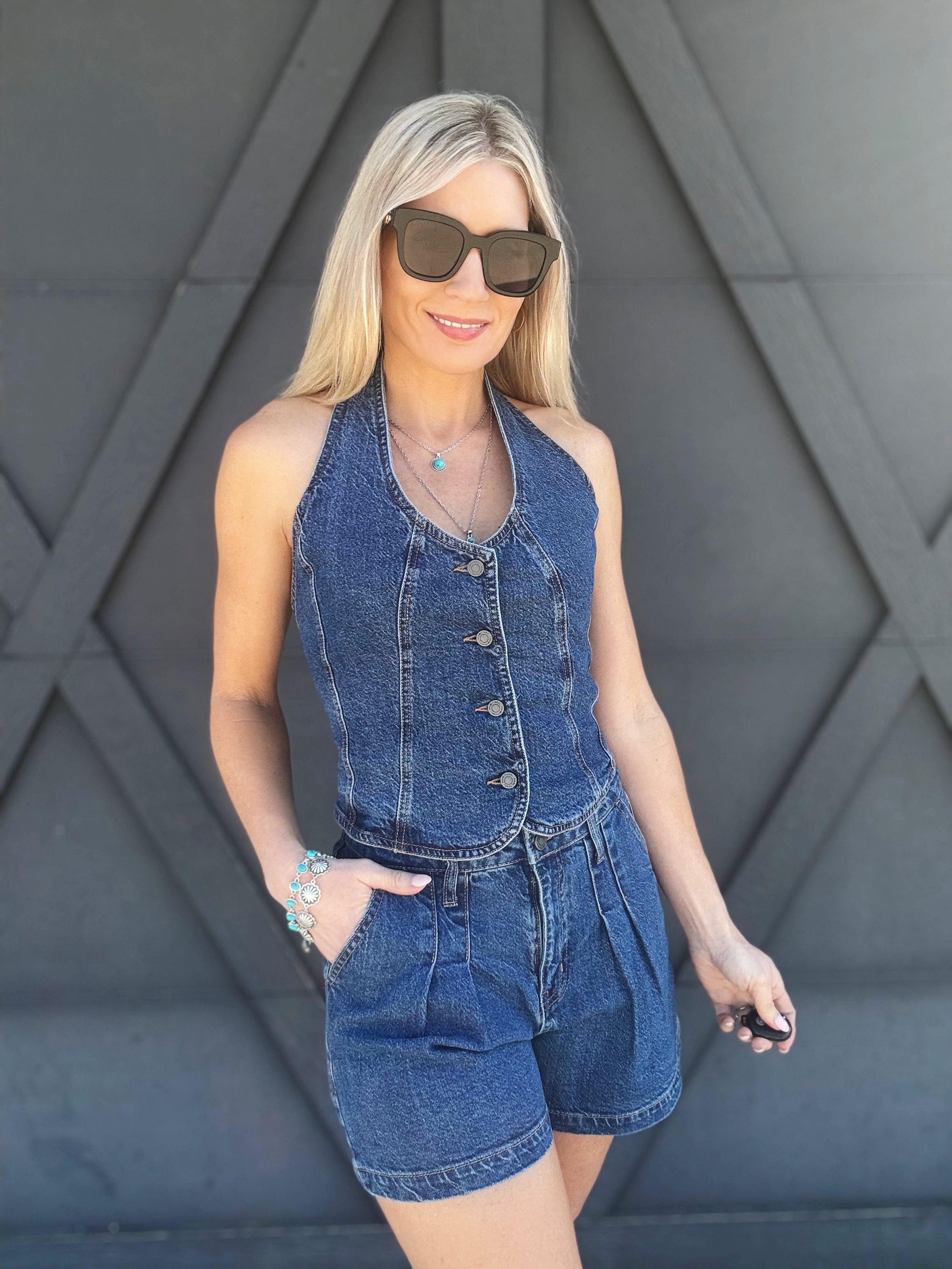 Habitual Denim Halter Vest In Lagoon - Infinity Raine