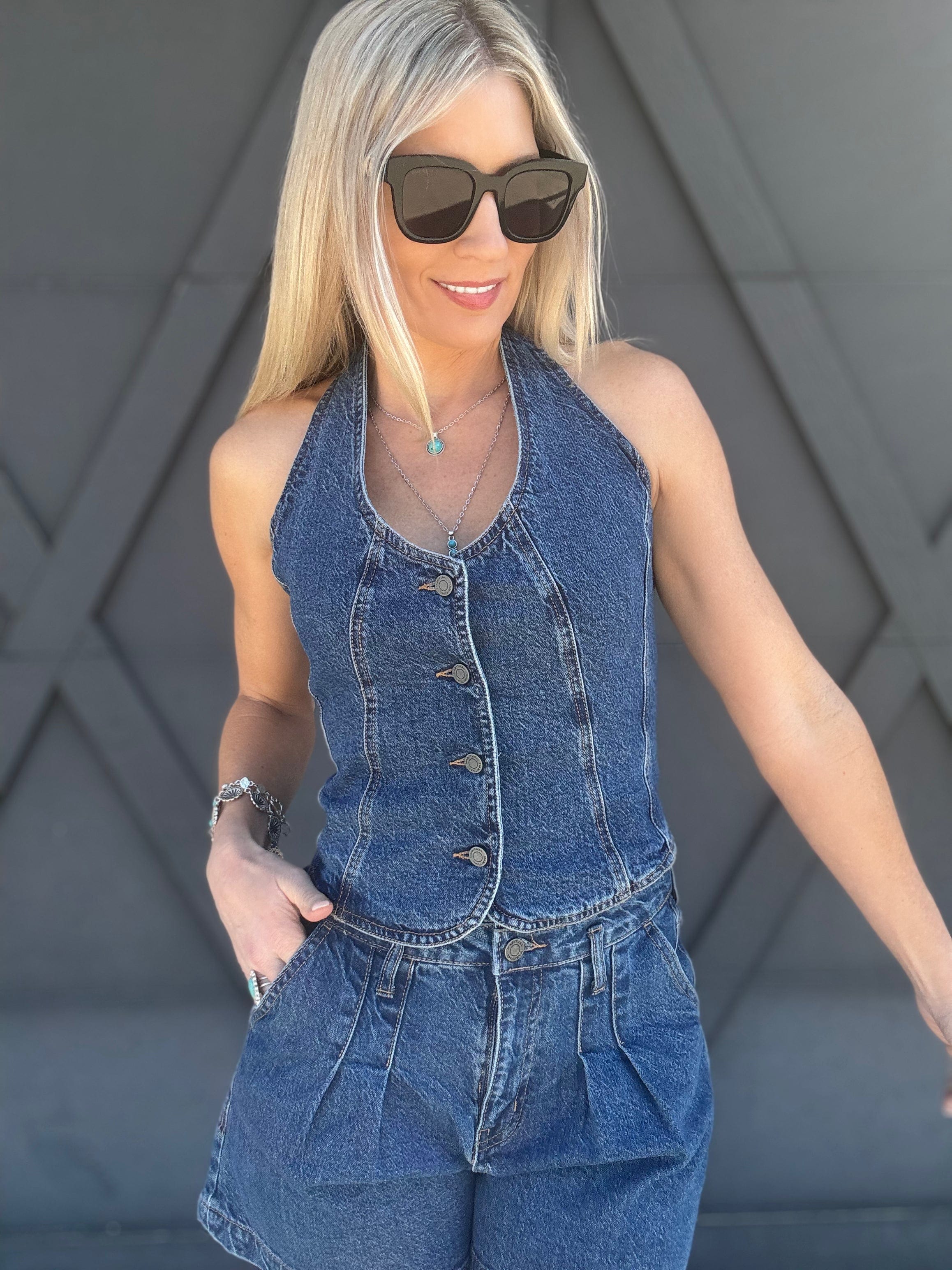 Habitual Denim Halter Vest In Lagoon - Infinity Raine