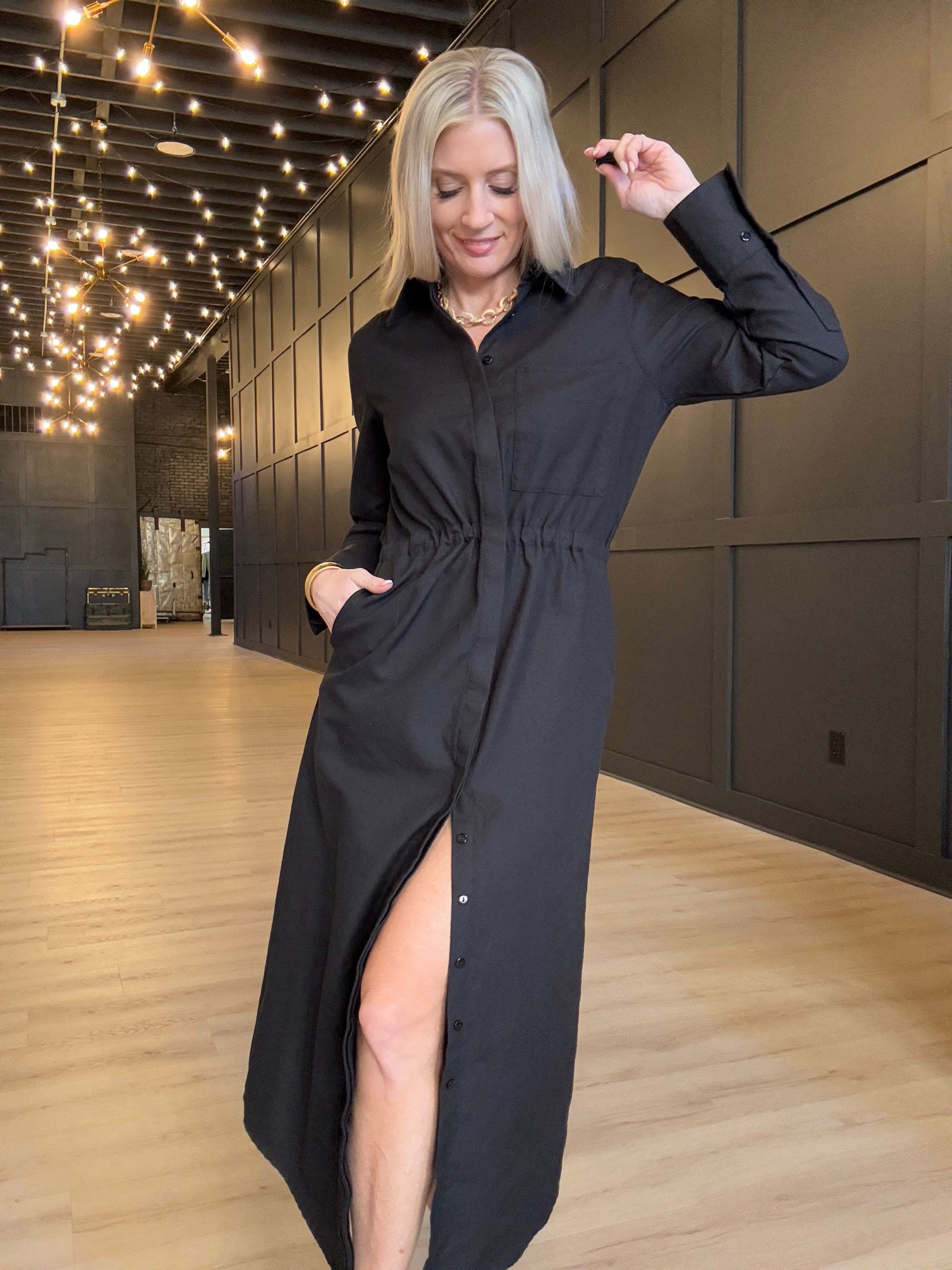 Hancock Alamo Button Down Maxi Dress In Oxford Black - Infinity Raine