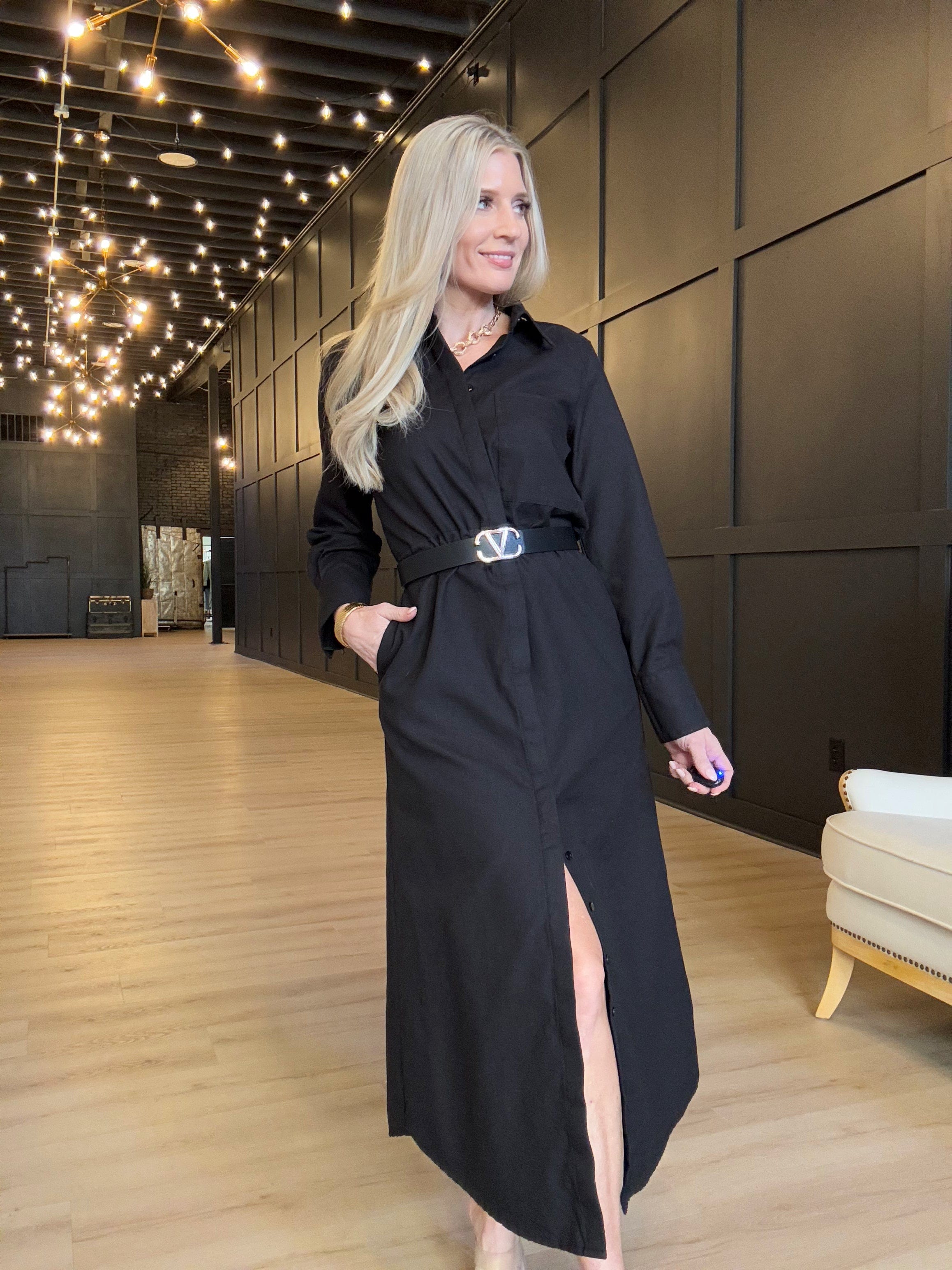 Hancock Alamo Button Down Maxi Dress In Oxford Black - Infinity Raine