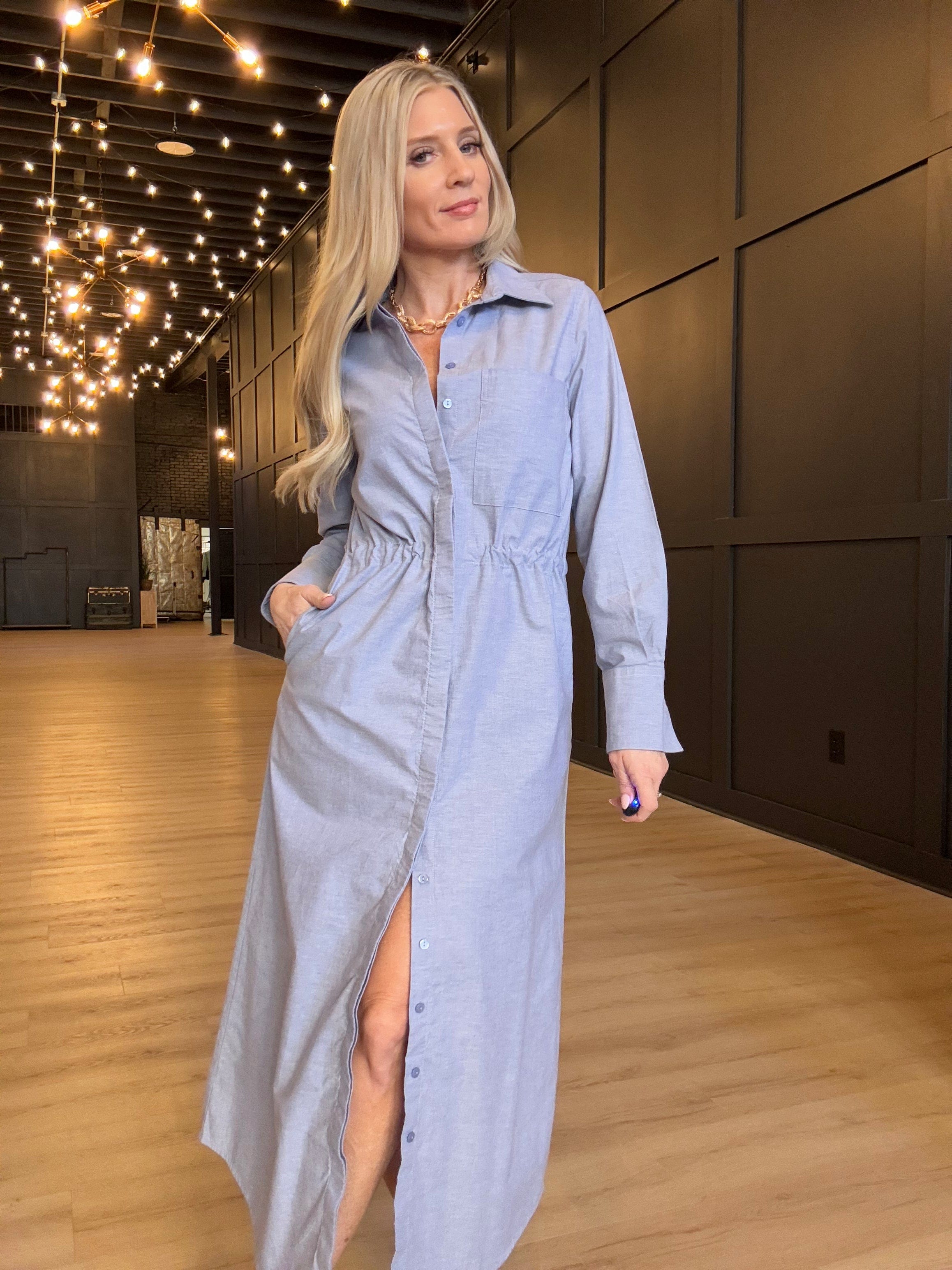 Hancock Alamo Button Down Maxi Dress In Oxford Blue - Infinity Raine